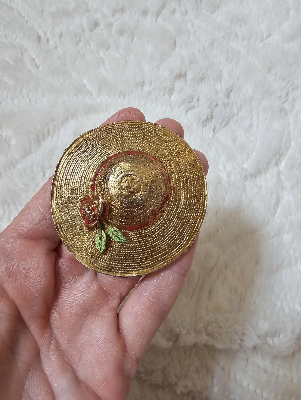 Vintage Gold Tone Straw Hat Brooch Rose Enamel Statement Pin
